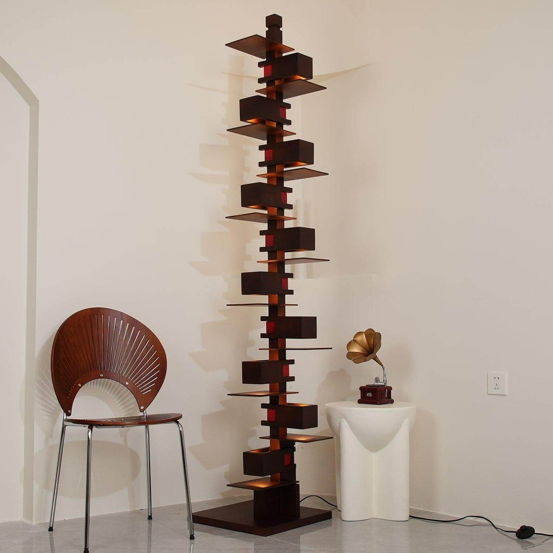 Taliesin wooden floor lamp in art deco style, a tall floor lamp ideal for living room lighting.