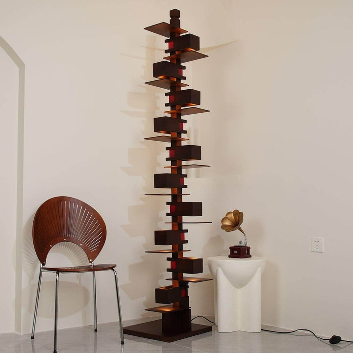 Taliesin wooden floor lamp in art deco style, a tall floor lamp ideal for living room lighting.