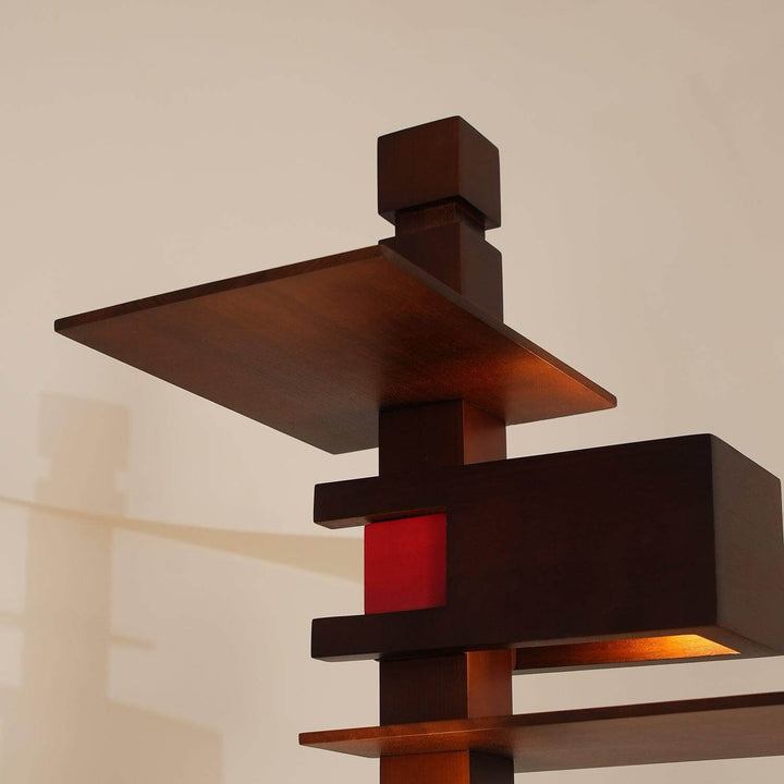 Art deco wooden floor lamp featuring sleek lines and tall structure, perfect for stylish living room lighting.