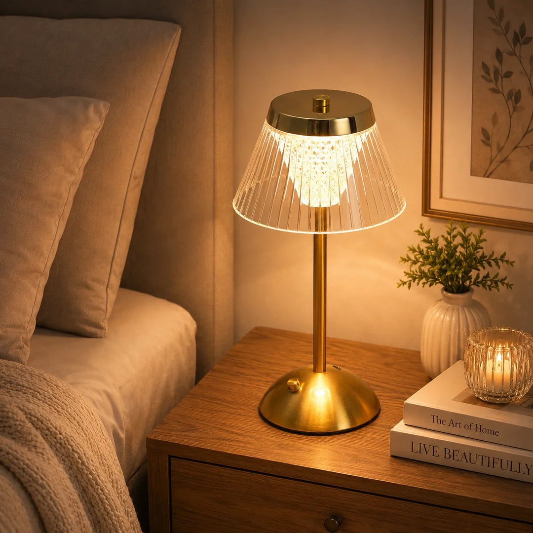 Brushed Gold Ribbed Desk Lamp glowing detail