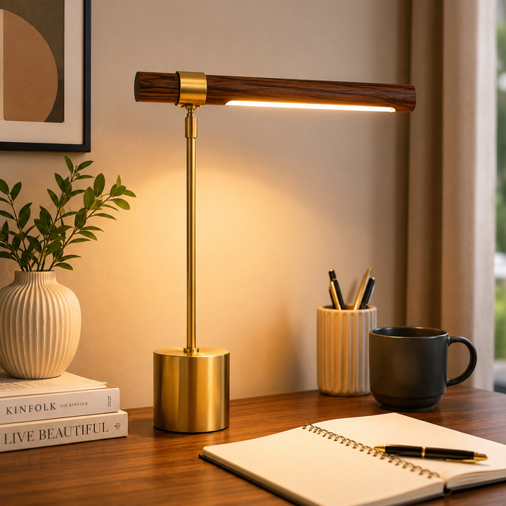Brass-Trimmed Wood Task Lamp front view