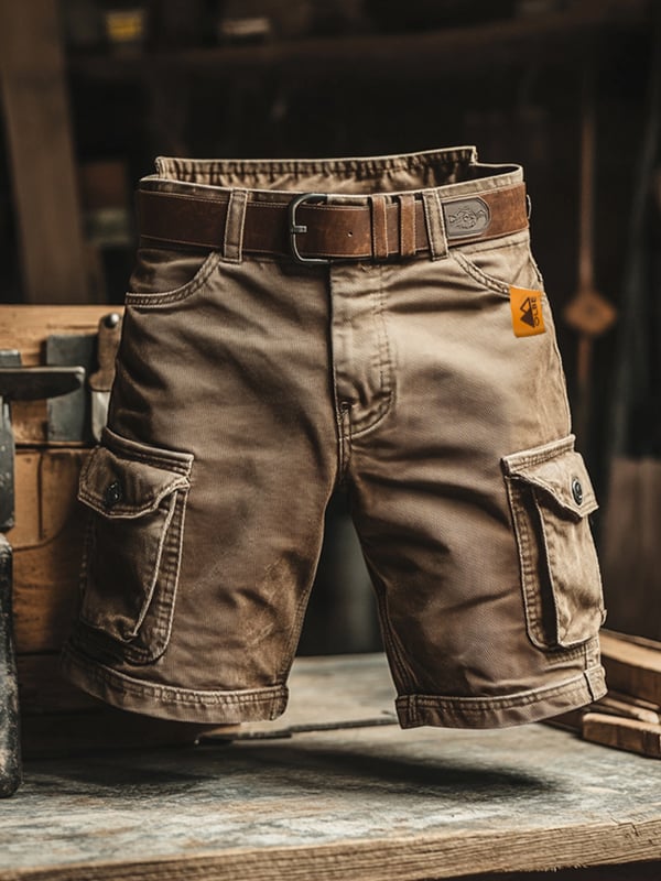 Sand Beige Vintage Workwear Cargo Shorts front view