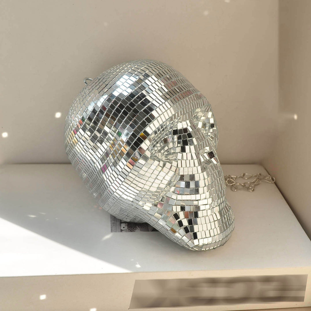 Mosaic Mirror Skull Sculpture – side view