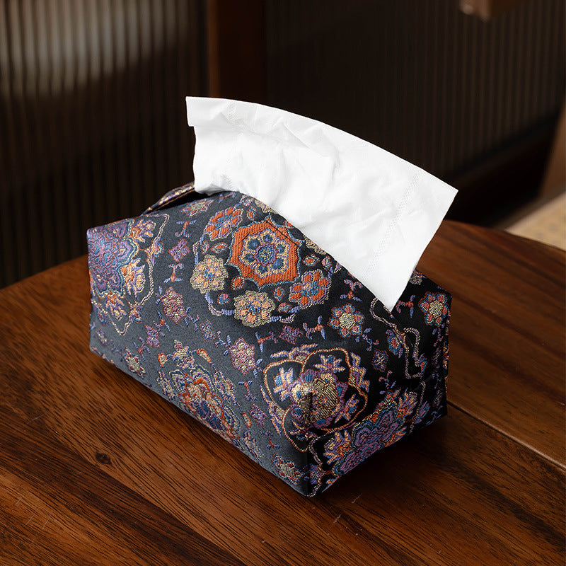 Golden Hana Embroidered Fabric Tissue Cover – detail view