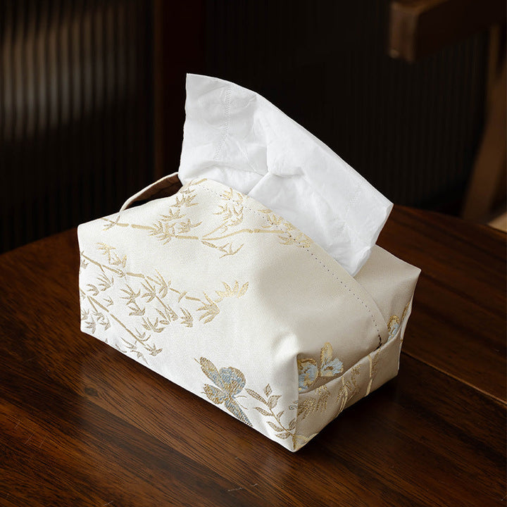 Willow Bloom Embroidered Fabric Tissue Cover – detail view