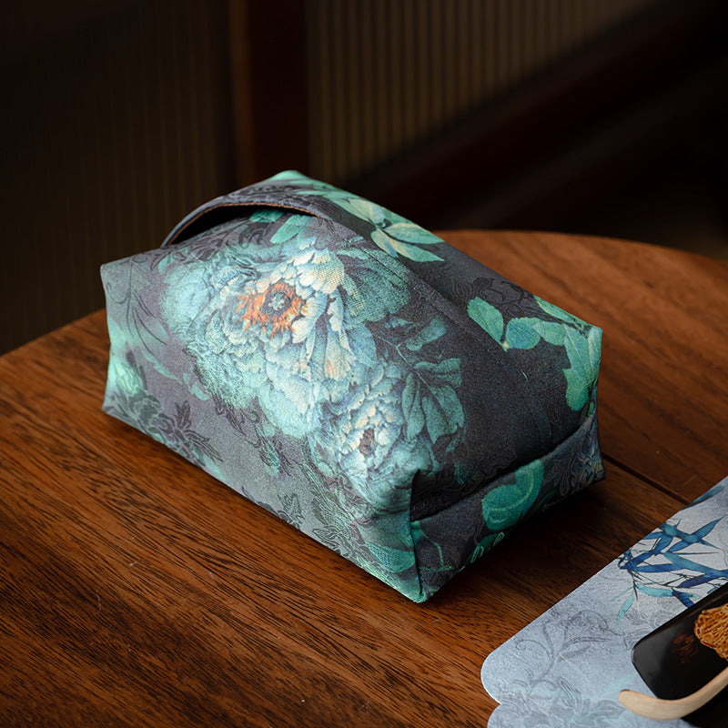 Noir Petal Embroidered Fabric Tissue Cover – detail view