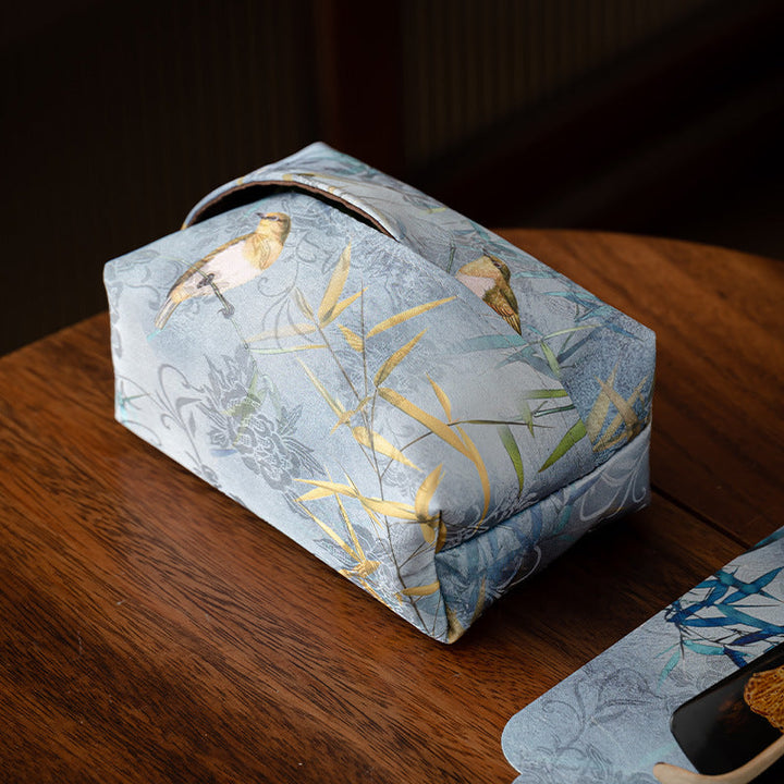 Terracotta Flora Embroidered Fabric Tissue Cover – detail view