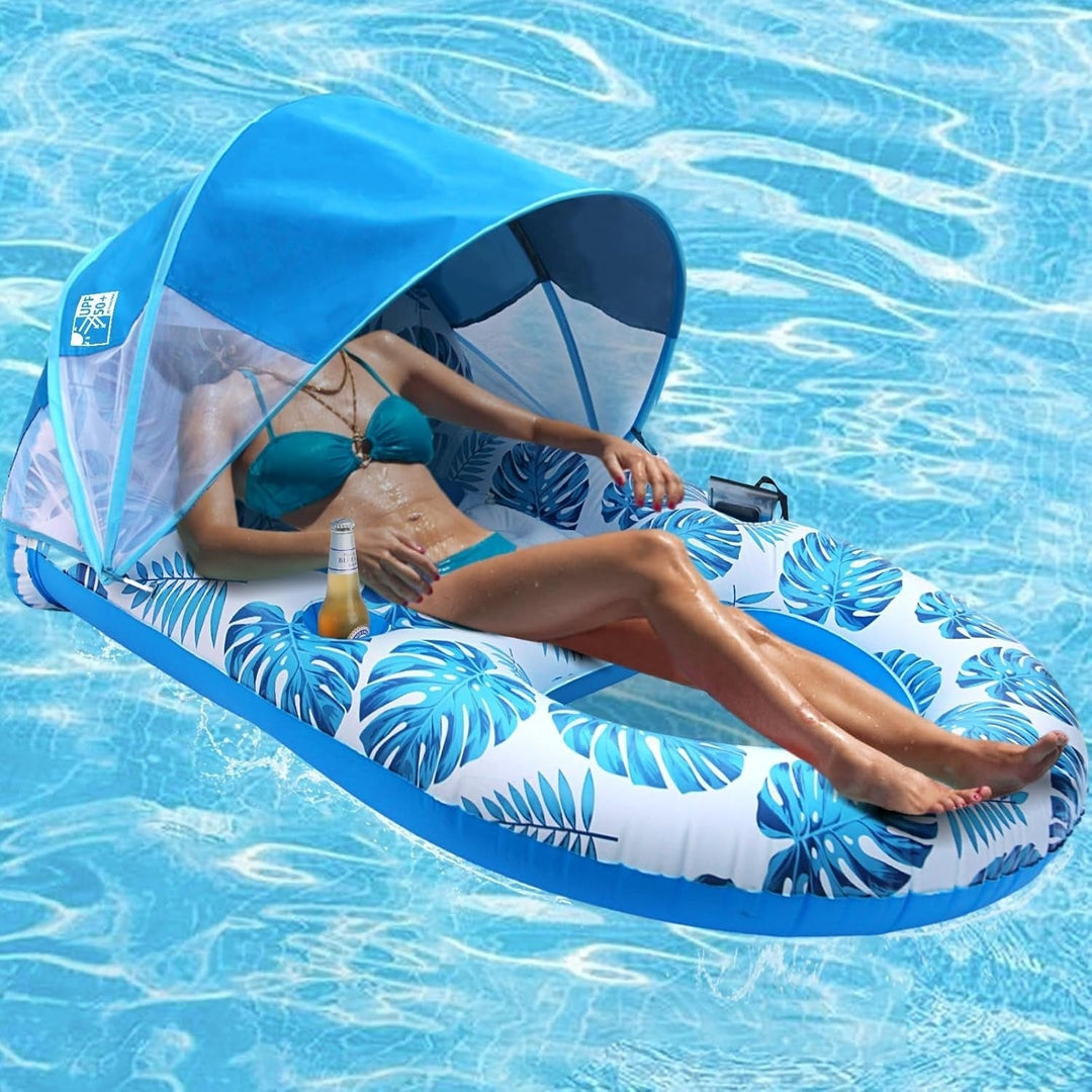 Blue leaf-print Canopy Pool Lounge Float in use with canopy raised