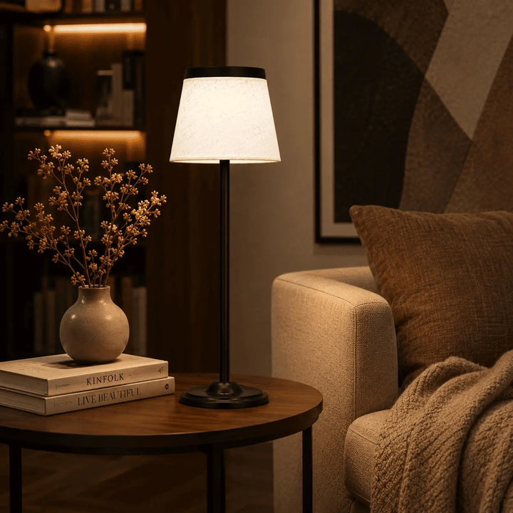 Cordless Fabric Shade Table Lamp Gold front view