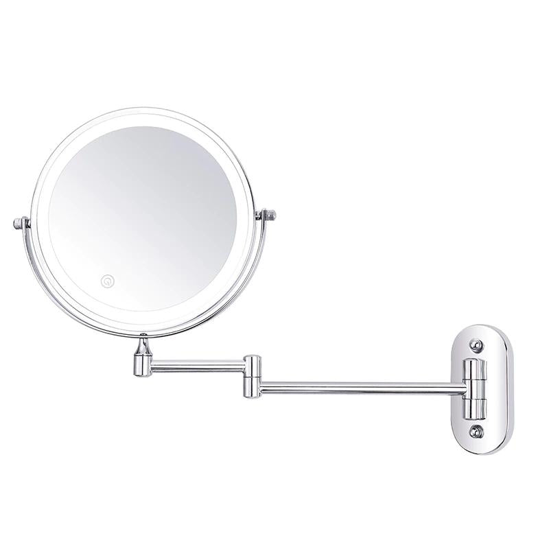 Chrome LED Magnifying Mirror folded against wall
