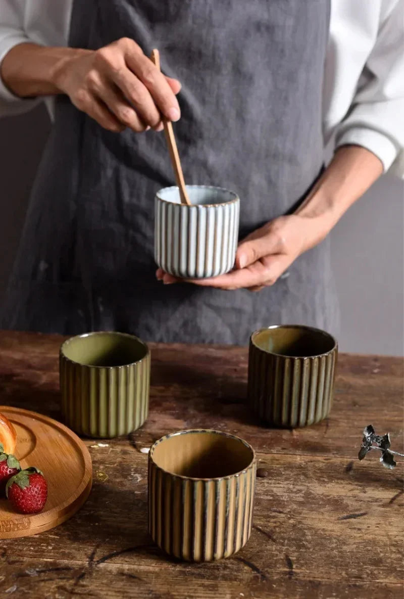 Ribbed Glazed Porcelain Mugs