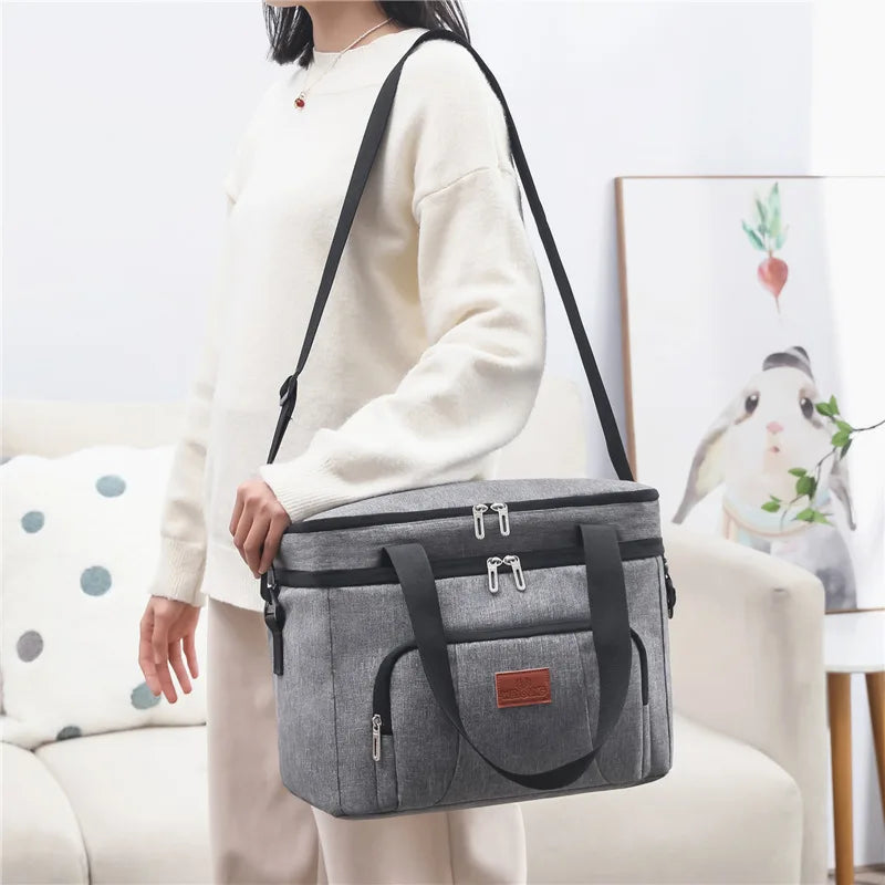 Gray Two-Tier Insulated Cooler Tote worn over shoulder