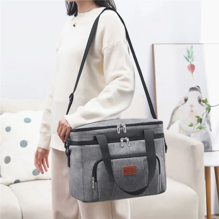 Gray Two-Tier Insulated Cooler Tote worn over shoulder
