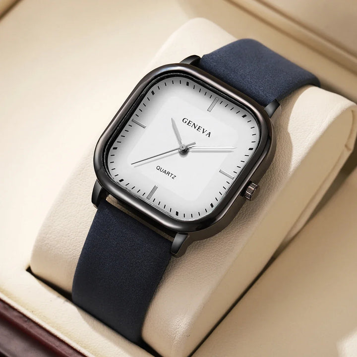 Black Square Dial Alloy Leather Watch