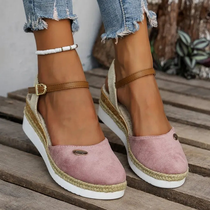 Pink Espadrille Wedge Sandals worn lifestyle