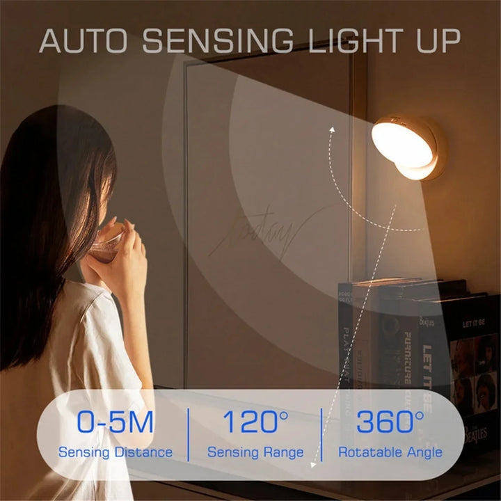 USB Motion Sensor Rechargeable LED Night Light, Round, Energy-Saving, for Bedroom, Bathroom