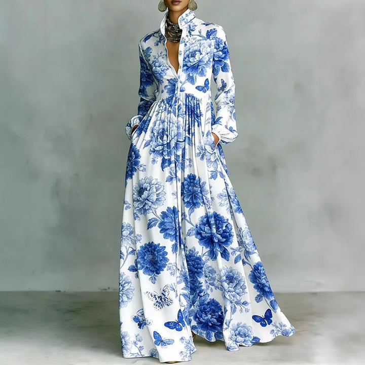 Blue Printed Shirt-Collar Maxi Dress floral print worn