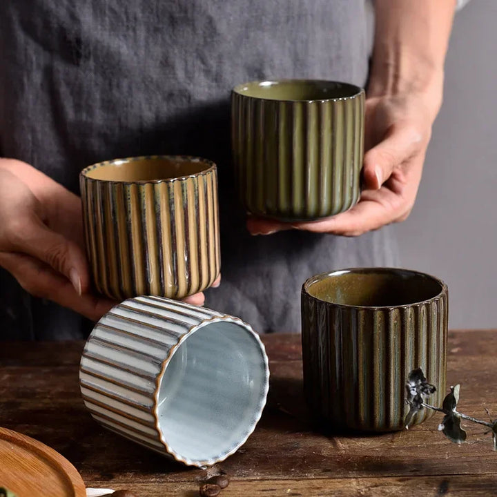 Army Green Ribbed Glazed Porcelain Mugs – Detail View