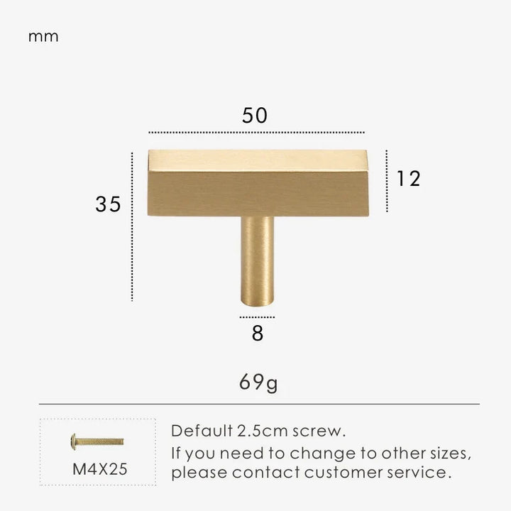 Brushed Brass Square Pull Handle 50mm T-Bar size