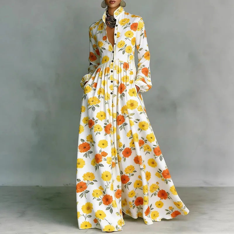 Yellow Printed Shirt-Collar Maxi Dress floral print worn