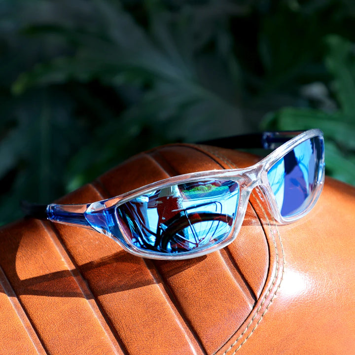 Crystal frame Blue mirror lens sunglasses front view