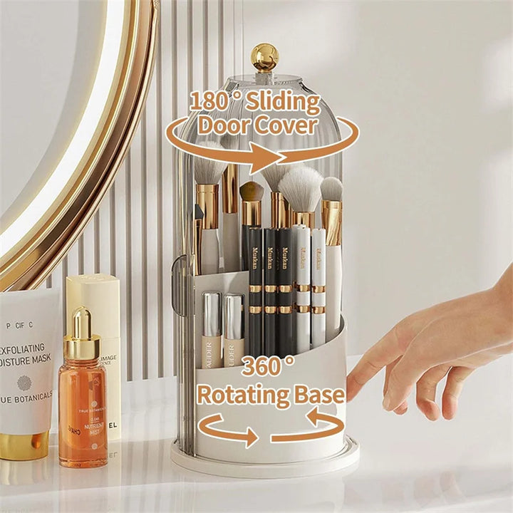 360° Rotating Dustproof Makeup Brush Holder with Lid, 3-Compartment Vanity Storage