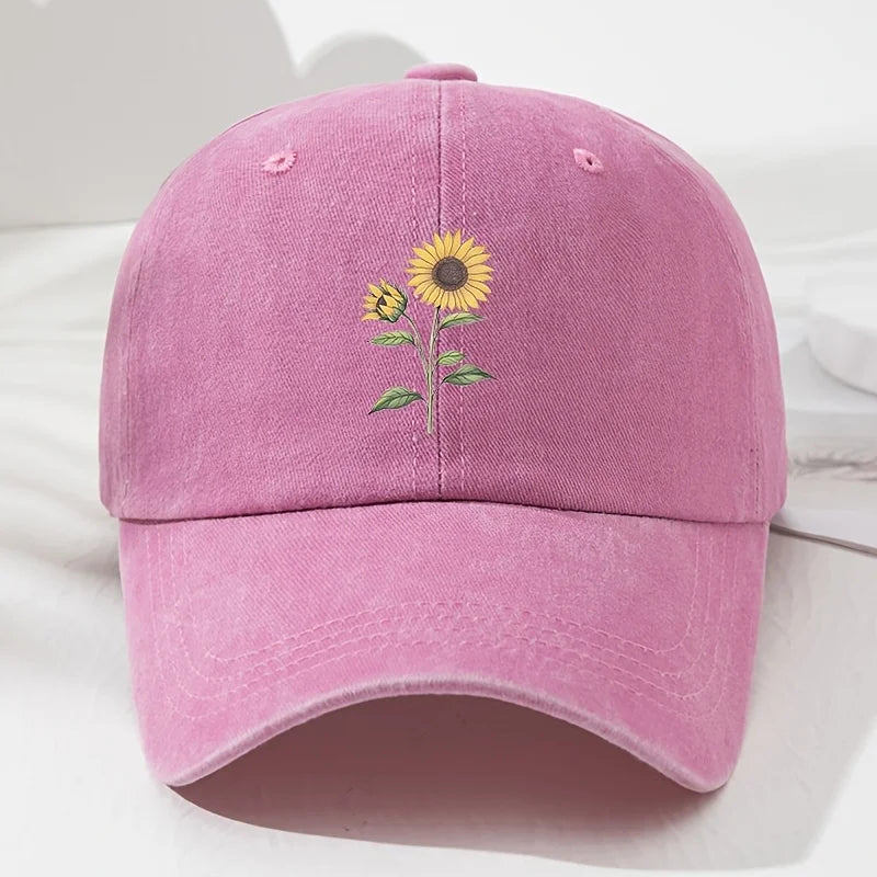Pink Sunflower Embroidered Cotton Dad Cap front view