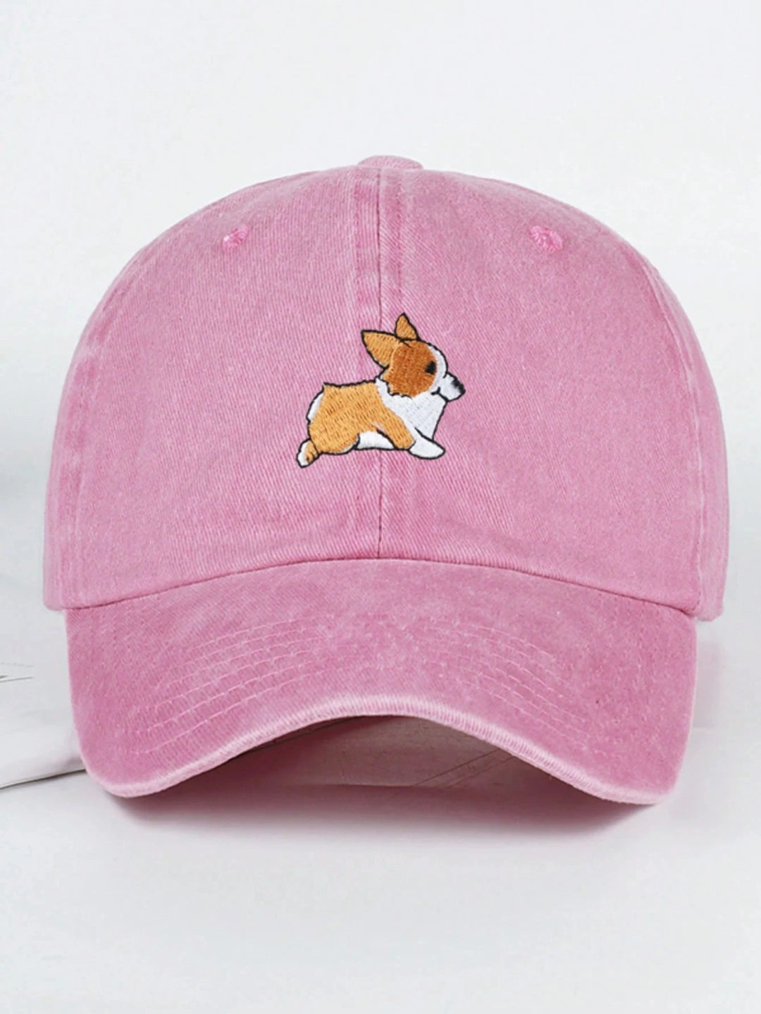 Pink Corgi Embroidered Cotton Dad Cap front view