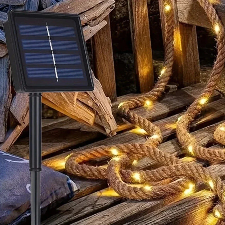 Solar Hemp Rope Lights coiled on table