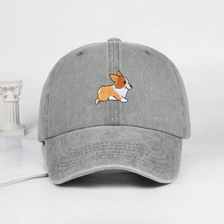 Gray Corgi Embroidered Cotton Dad Cap front view