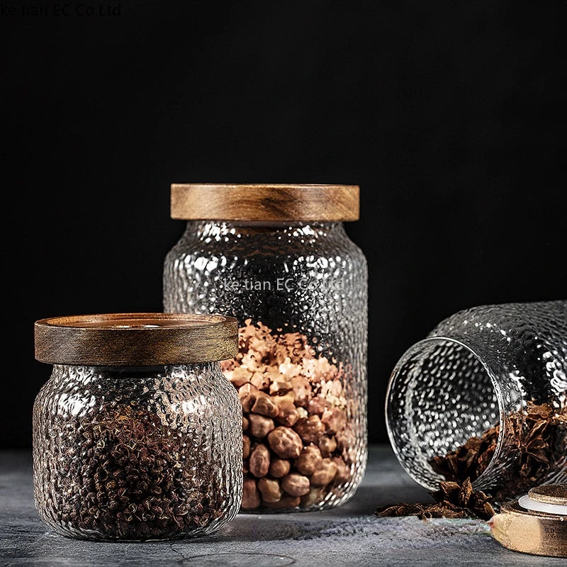 Hammered Glass Acacia Lid Jars with tea and spice filling