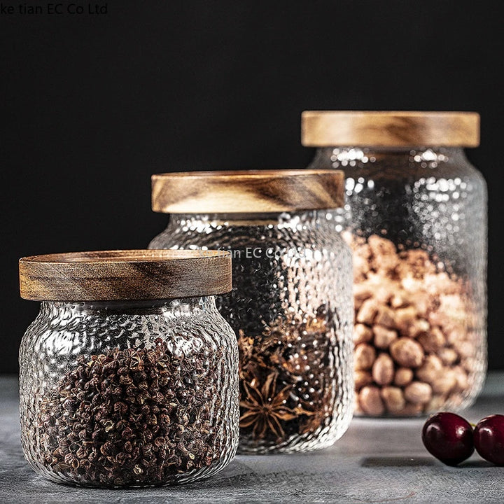 Hammered Glass Acacia Lid Jars group with spices