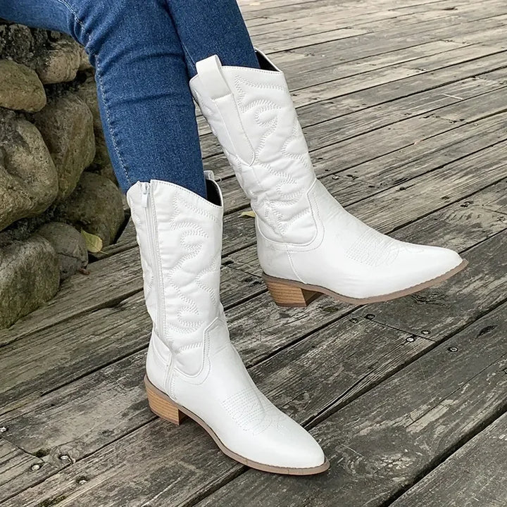 White Embroidered Cowboy Boots side view
