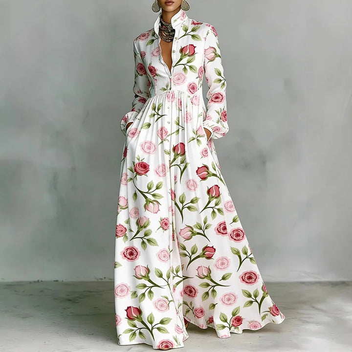 Rose Print Shirt-Collar Maxi Dress worn