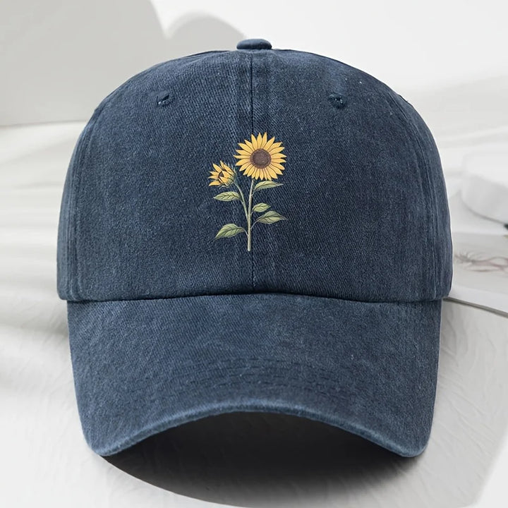 Navy Blue Sunflower Embroidered Cotton Dad Cap front view