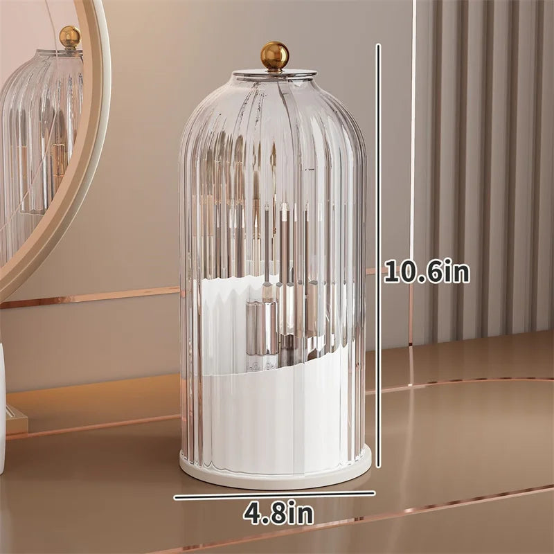 360° Rotating Dustproof Makeup Brush Holder with Lid, 3-Compartment Vanity Storage