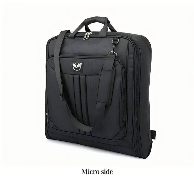 Black Foldable Water-Repellent Garment Bag top handle and strap detail