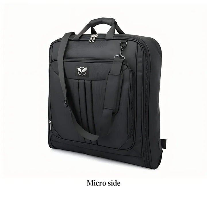 Black Foldable Water-Repellent Garment Bag top handle and strap detail