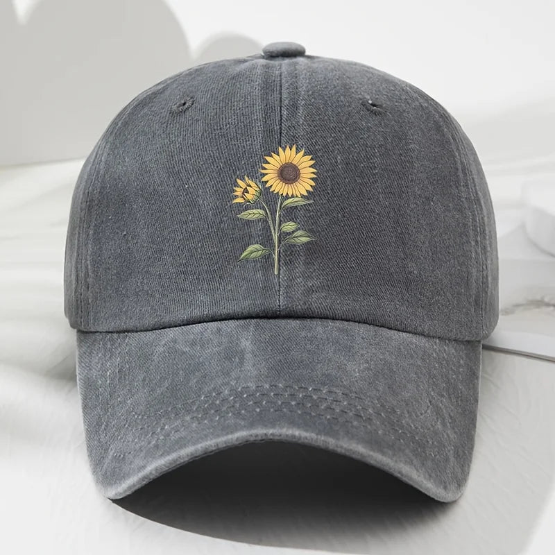 Light Gray Sunflower Embroidered Cotton Dad Cap front view
