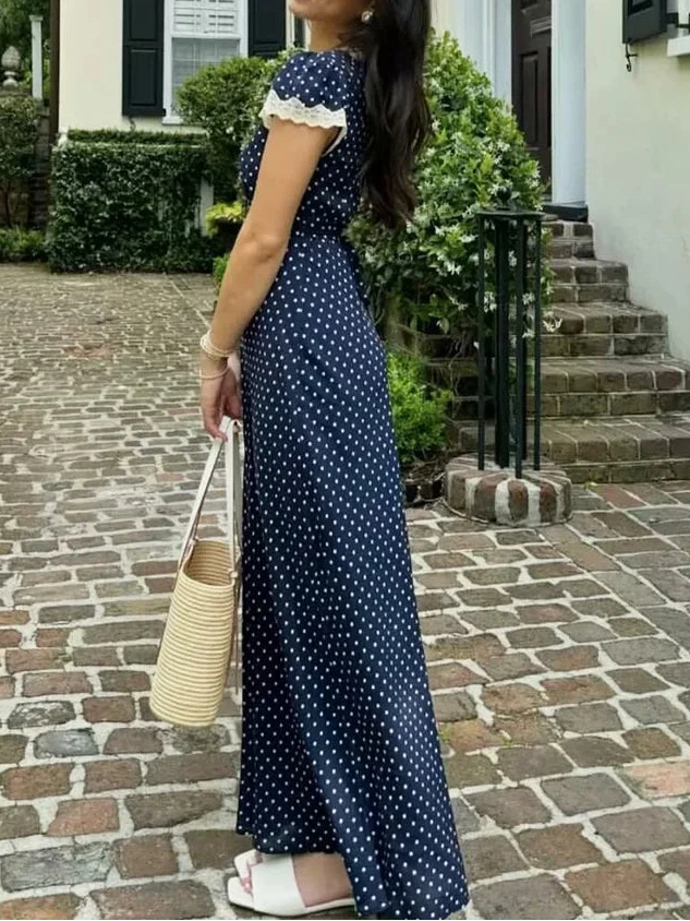 Navy Blue Polka-Dot Maxi Dress detail view