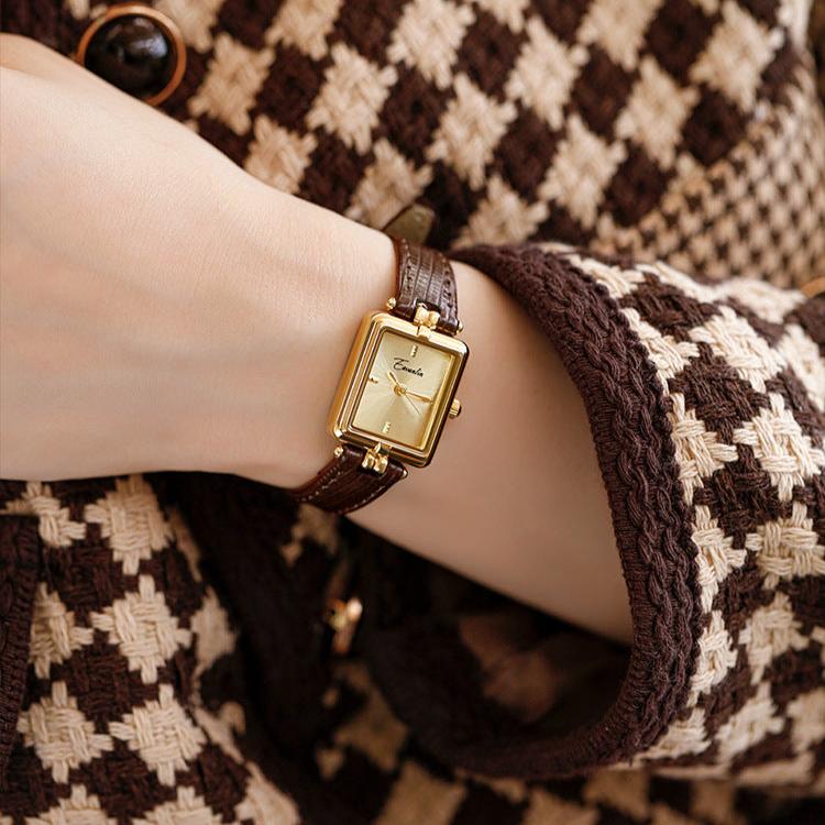 Brown Gold-Tone Steel Leather Watch