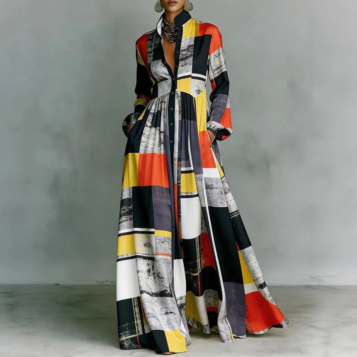 Red Printed Shirt-Collar Maxi Dress color-block print worn