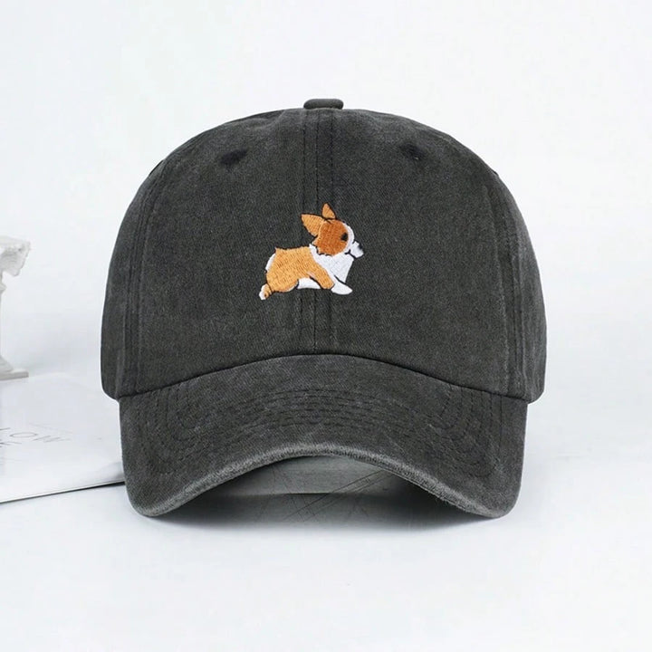 Black Corgi Embroidered Cotton Dad Cap front view