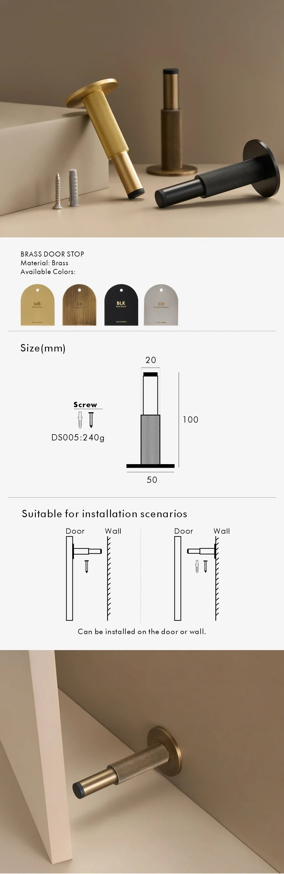 Knurled Brass Floor Door Stopper product photo