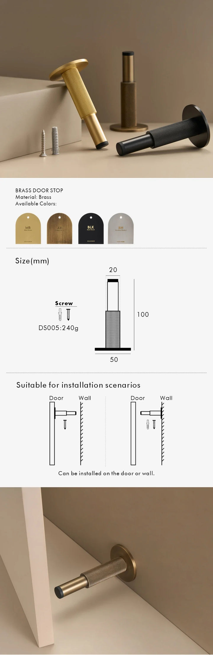 Knurled Brass Floor Door Stopper product photo