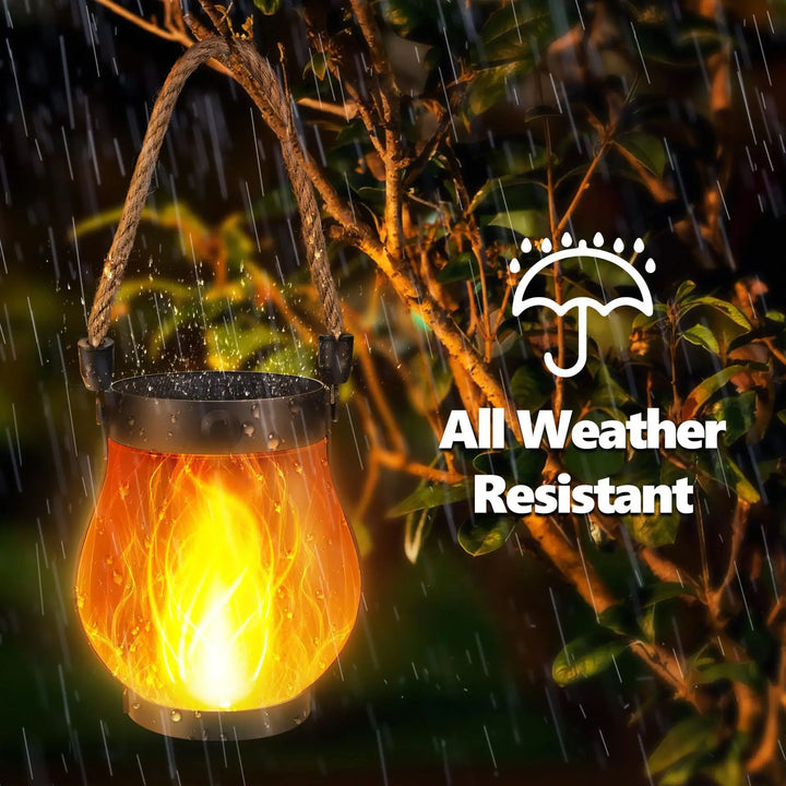 Flickering Flame Solar Rope Lantern lit at night