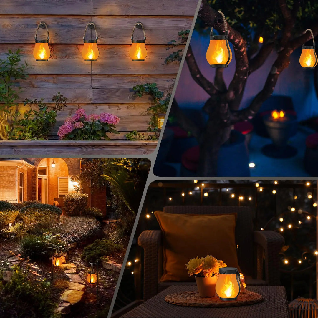 Flickering Flame Solar Rope Lantern hanging outdoors