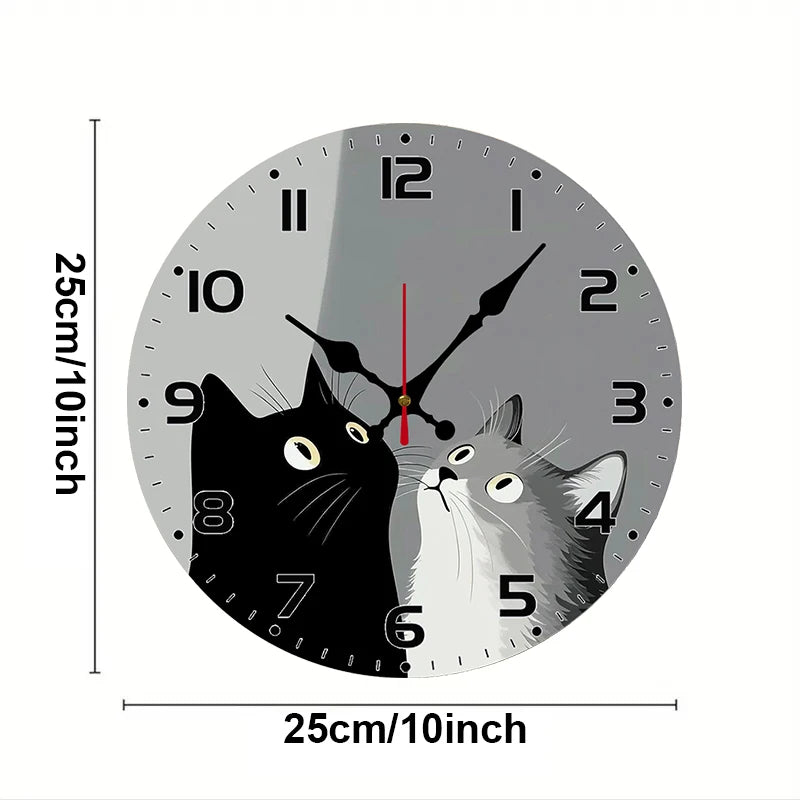 Round Wooden Cat Motif Wall Clock on wall lifestyle