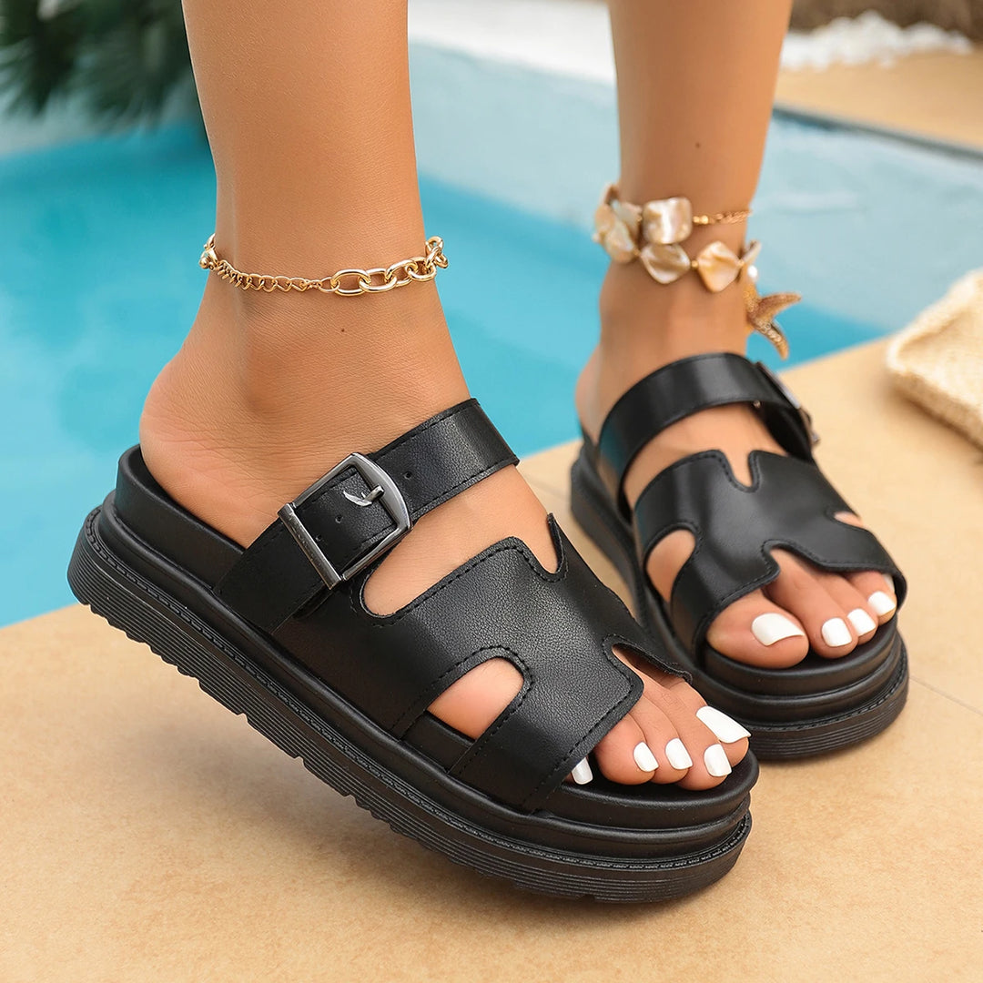 Beige Round Toe Slippers with Buckle Strap
