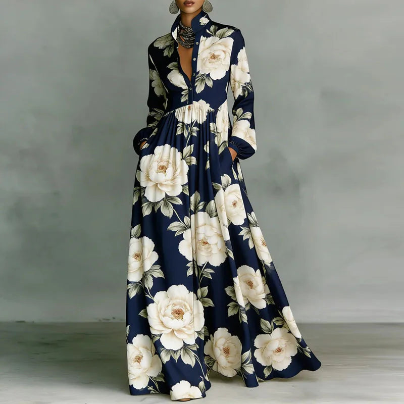 Navy Blue Printed Shirt-Collar Maxi Dress floral print worn